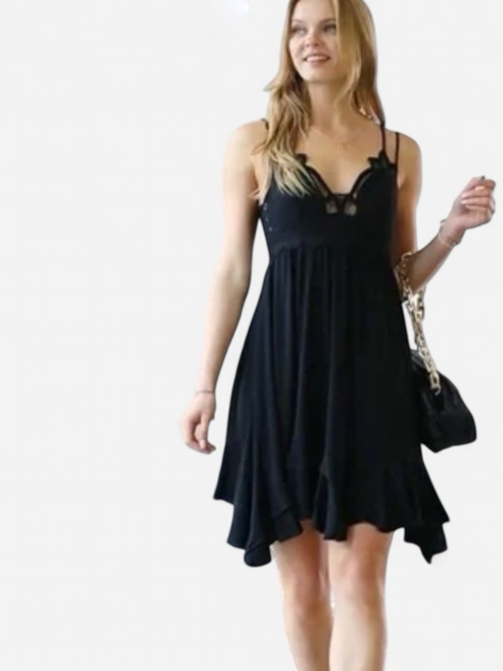 Zenana Lace-Detail Black Strappy Mini Dress Asymmetrical Hemline size Small